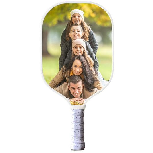 Custom pickleball paddle printed with a family photo design